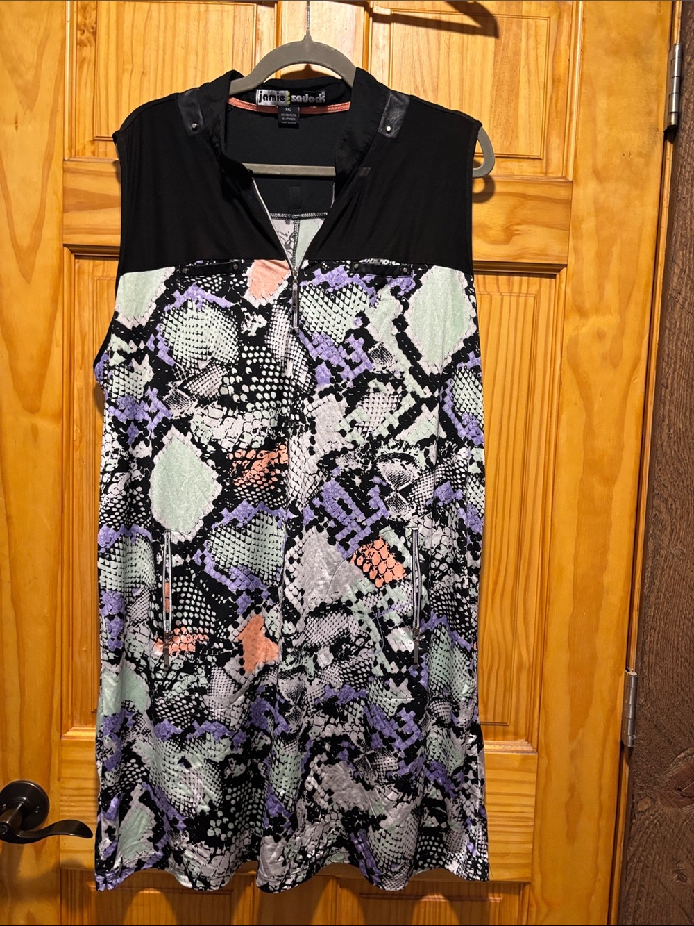 jamie sadock Black Yoke Sleeveless Dress with Pastel Snake Print